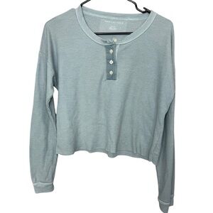 American Eagle Outfitters teal/gray Long Sleeve Henley cropped size small